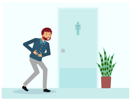 A man have stomach ache is standing in front of toilet. A man need to use toilet but the room is not available. Vector flat cartoon character illustration.のイラスト素材