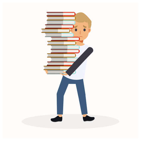 Vector Flat Cartoon character Illustration of A Boy carrying a Big Stack Of Books. The boy is sad because too much books to read. Education.のイラスト素材