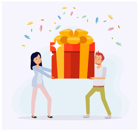 cartoon vector illustration of Man and woman are carrying a large gift box.のイラスト素材