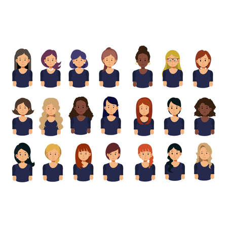 Set of Women avatar. cute girls with different hairstyles. flat vector character avatars  illustration collection.のイラスト素材