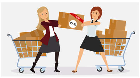 Flat commercial concept of promotion and discount. Black friday. 2 women are fighting to get her product.のイラスト素材