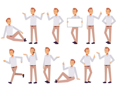 Set of a man in casual clothes in different poses.Vector illustration in a flat styleのイラスト素材