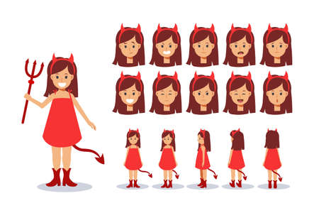 Little Girl in red demon costume for Halloween festival.trick or treat. Front, side, back view animated character.Vector Character creation set, Cartoon style, flat vector illustration.のイラスト素材
