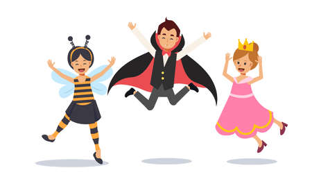 Cute Young children in Halloween costume are jumping up, Happy kids jumping. Dracula vampire,bee,princess. Flat character Vector illustration.のイラスト素材