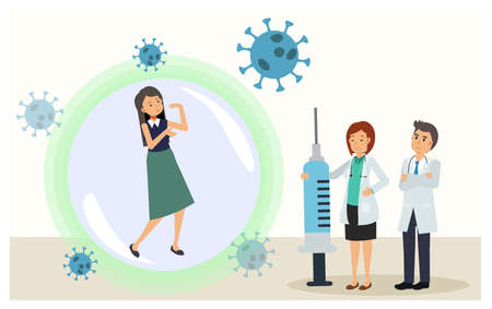 female patient got vaccine from doctors. Power of vaccine. Vector flat cartoon character illustrationのイラスト素材