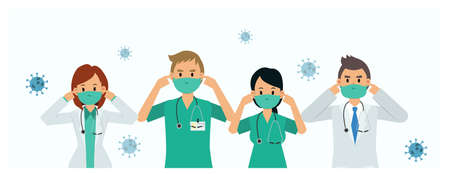 Vector flat style cartoon character of a team of doctor, medical staff are wearing medical masks to prevent disease, fluのイラスト素材