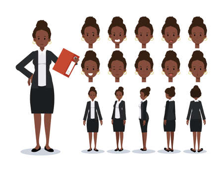 Front, side, back view animated character. African American Businesswoman Flat Vector Character creation set with various views, Cartoon style, flat vector illustration. Emotion.のイラスト素材
