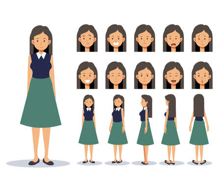Set of Flat Vector Character woman wear casual clothing with various views, Cartoon style.のイラスト素材