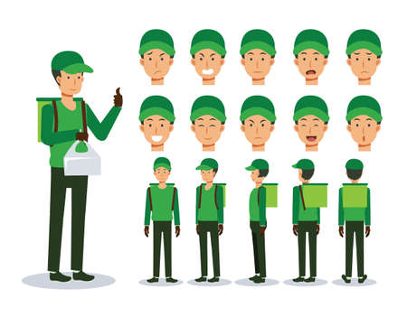Front, side, back view animated character. Food delivery service man Flat Vector Character creation set with various views, Cartoon style, flat vector illustration. Emotion.のイラスト素材