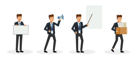 Set of a businessman in different poses.Vector cartoon character illustration in a flat style.のイラスト素材