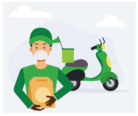 Food delivery service concept ,Male food delivery worker is Delivery paperbag of Food to you. Flat vector cartoon illustration.のイラスト素材