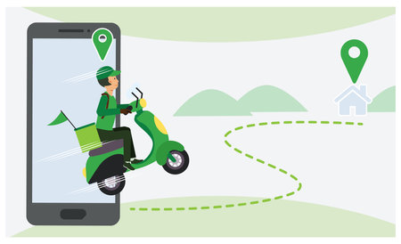 food delivery service concept.Order food from app in smartphone, delivery fast,direct to your home.のイラスト素材