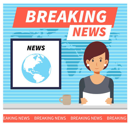 Breaking news flat vector illustration concept. Female Newscaster in the television studio.のイラスト素材