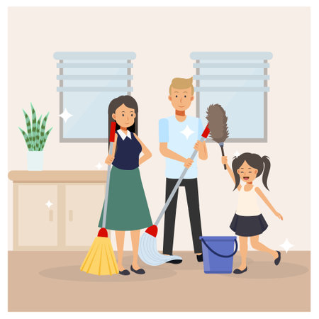 Family,mother,father and daughter are cleaning room all together.helping each other. Flat Vector cartoon illustration.のイラスト素材