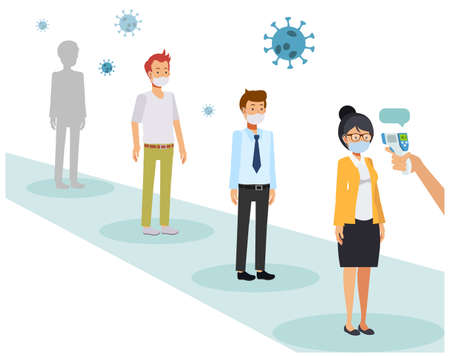 Temperature check people in queue social distance,Checking body temperatures in public areas,People wearing face mask and waiting in queue. Flat vector cartoon character illustration.のイラスト素材