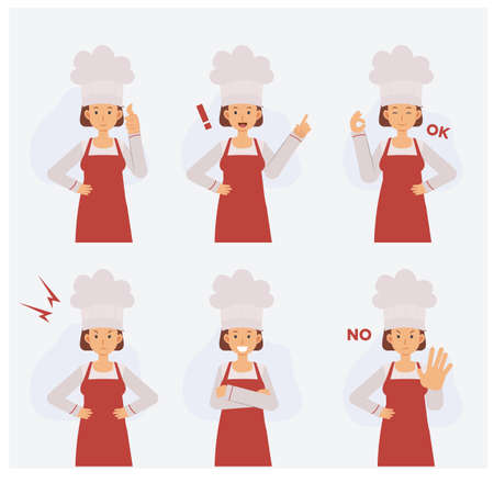 half body Female chef  Vector Character set with various action, Cartoon style, flat vector illustration.のイラスト素材