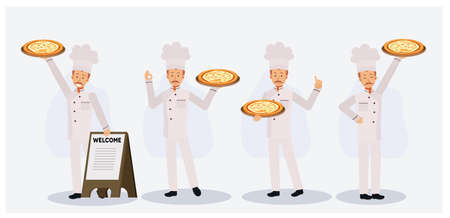 set of a man in chef uniform and chef hat with holding pizza near welcome wood sign. Flat Vector cartoon character illustration.のイラスト素材