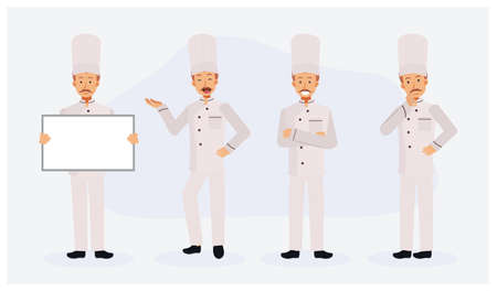 Male Chef Flat Vector Character set with various action, Cartoon style, flat vector illustration. Chef holding black sign.のイラスト素材