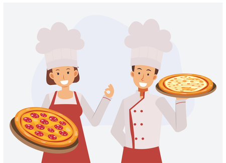 male and female in professional uniform and chef hat with holding pizza ,ok hand sign. Flat Vector cartoon character illustration.のイラスト素材