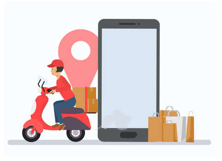 A delivery man riding a motorcycle to delivered. Flat vector cartoon character illustration. Online shopping and delivery concept.のイラスト素材