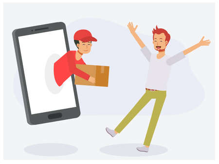 delivery man come out from smart phone and delivering package. Online shopping and delivery concept.Flat vector cartoon character illustration.のイラスト素材