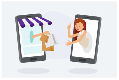 Online shopping and delivery concept. Online shop is giving a bag to a woman.delivery fast.Flat vector cartoon character illustration.のイラスト素材