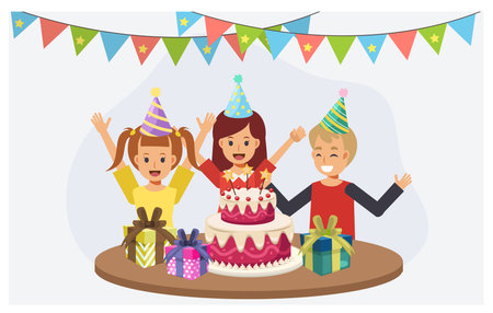 Children at the birthday party. kids with birthday cake. Happy birthday party concept.flat cartoon character vector illustration.のイラスト素材