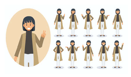 set of women in casual dress showing different gestures.Flat vector cartoon character illustration.のイラスト素材