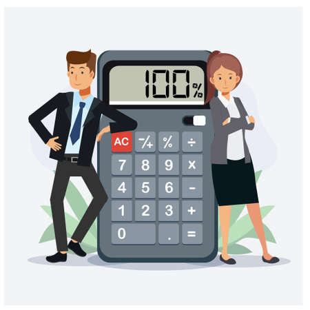 Business concept teamwork of people's working financial business calculator.Flat Vector cartoon character illustrations.のイラスト素材