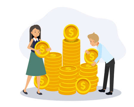 Man and woman helping each other to saving money,woman carrying a coin.financial concept of savings. Flat vector cartoon character illustration.のイラスト素材