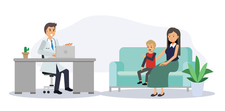 Medical concept, Male doctor with woman and child patient in hospital medical office.Consultation and diagnosis.Flat vector cartoon character illustration.のイラスト素材