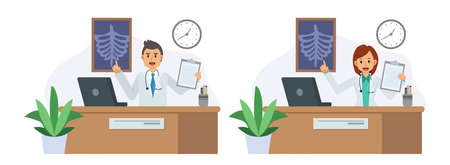 Set of Male and female doctor with clipboard and laptop giving medical presentation in a hospital room. Flat vector cartoon character illustration.のイラスト素材