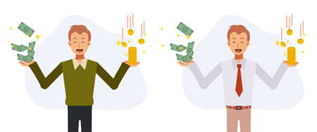 Economy and savings concept.Happy man in casual dress and business uniform holding full of coins and banknotes in both hands. Flat vector cartoon character illustration.のイラスト素材