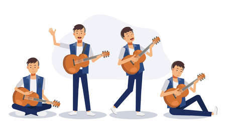 Set of man with acoustic guitar. A man playing guitar. Flat vector 2D cartoon character illustration.のイラスト素材
