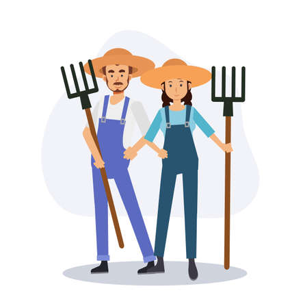 Set of male and female farmer is holding a rake.Flat vector 2D cartoon character illustration.のイラスト素材