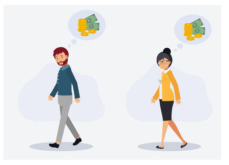 Lack of money,out of money,financial problem concept.man and woman is walking and worried about money. Flat vector 2d cartoon character illustration.のイラスト素材