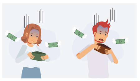 set of man and woman is worried about money in wallet, Don't have any money.Lack of money concept. Flat vector 2d cartoon character illustration.のイラスト素材