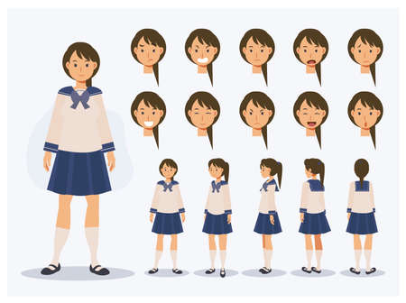 Set of Flat Vector Character Japanese student girl in uniform with various views, Cartoon style.のイラスト素材