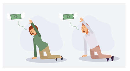 Set of man and woman crying and begging money to not gone.Money fly away.Lack of money concept,financial crisis.Flat vector 2D cartoon character illustration.のイラスト素材