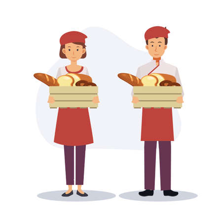 Bakery chef concept,Baking, set of happy bakery chef carrying,showing their the product.bread.Flat vector 2D cartoon character illustration.のイラスト素材