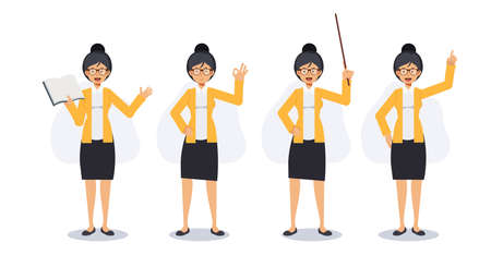 Set of female teacher, smile happy teacher in various gesture, teaching , ok hand.Flat vector 2d cartoon character illustration.のイラスト素材