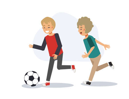 Education sport concept, young kid are playing football,soccer togeteher. Flat vector 2d cartoon character illustration.のイラスト素材