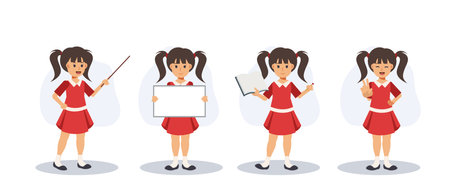 Studying, Education concept.At school,Young little cute girl in various pose.Flat vector 2D cartoon character illustration.のイラスト素材