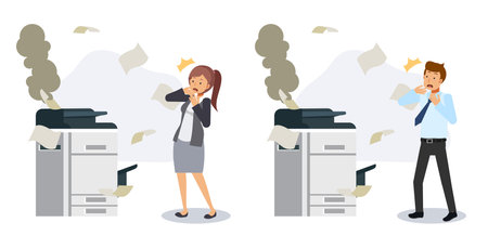 Business people in office concept. Problem at office, broken printer, messy,office equipment.Flat vector 2D cartoon character illustration.のイラスト素材