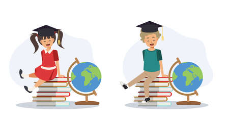 studying Education concept, young student graduated, graduation hat,sitting on a stack of books. Flat vector 2d cartoon character illustration.のイラスト素材