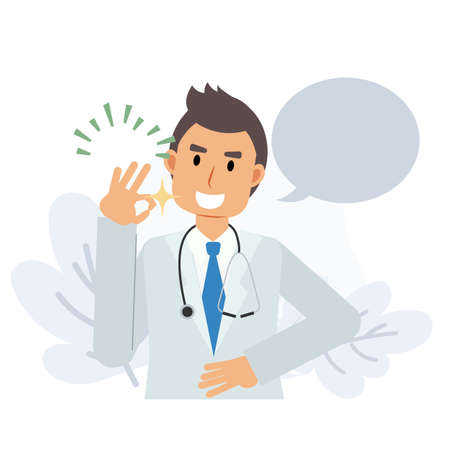 happy doctor with ok hand sign gesture.Flat vector 2d cartoon character illustrationのイラスト素材
