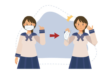 Acne caused wearing medical face mask.Maskne concept.pimples. skin problems. female japanese teenager student showing acne problem.Flat vector cartoon character illustration.のイラスト素材