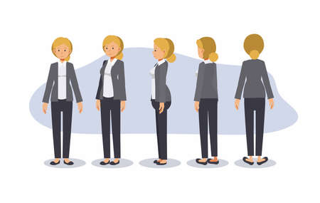 Cartoon character of formal blond hair business woman. front, side, back, 3-4 view character. flat...