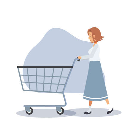 Shopping concept.A woman goes shopping. Woman is pushing an empty shopping cart.Flat vector cartoon character illustration.のイラスト素材