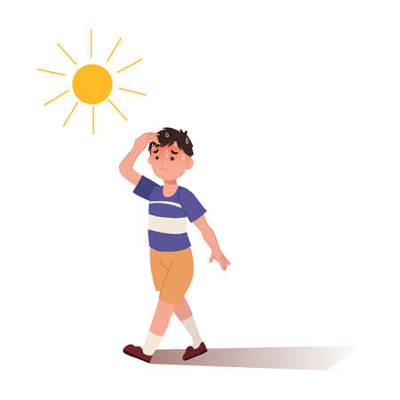 heat stroke concept.Sunstroke and sunburn risk little boy under burning sun. High temperature ,Hot weather.Summerのイラスト素材